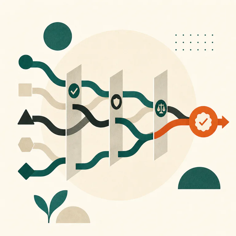 Multiple workflow paths passing through review gates and converging on an approved path.